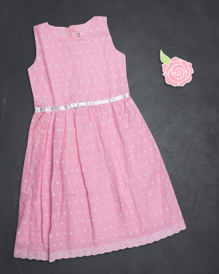 Girls Flower Embroidered Pink Cotton Frock
