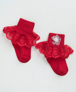 Fashionable Frill Socks In Red For Girls