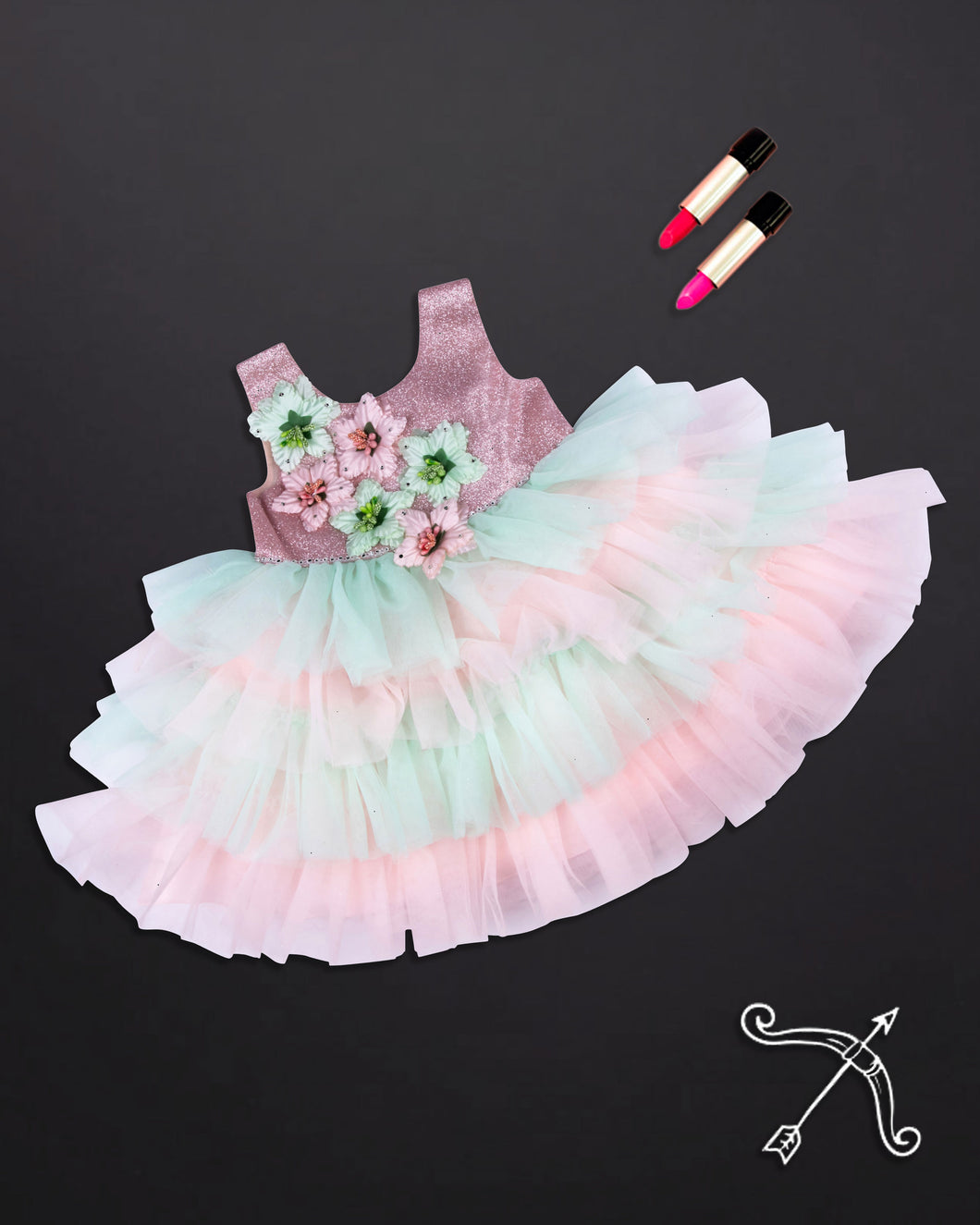 Girls Embellished Flared Peach Party Frock
