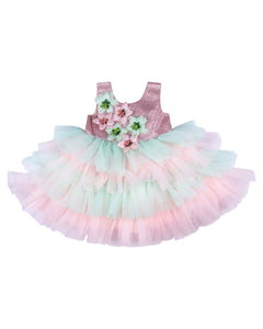 Girls Embellished Flared Peach Party Frock