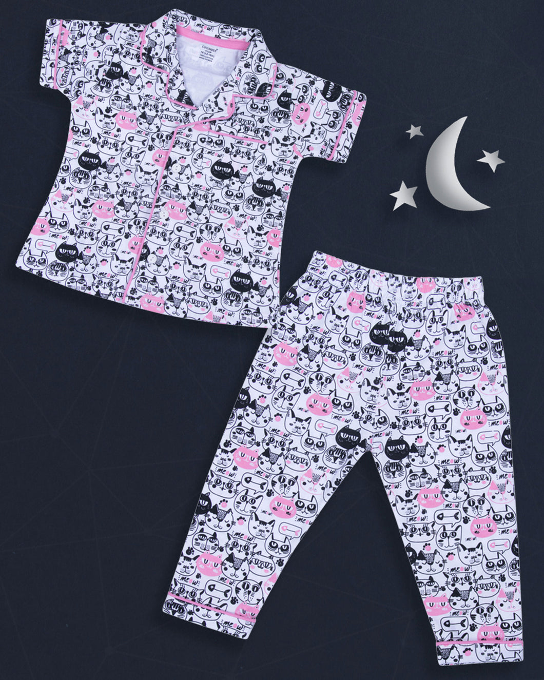 Black & Pink Cat Print Front Open Night Suit