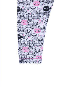 Black & Pink Cat Print Front Open Night Suit