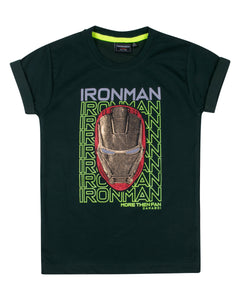 Boys Embellished Iron Man Dark Green T shirt