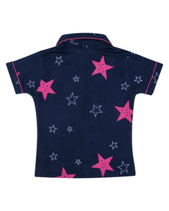 Girls Classic Star Printed Navy Blue Night Suit