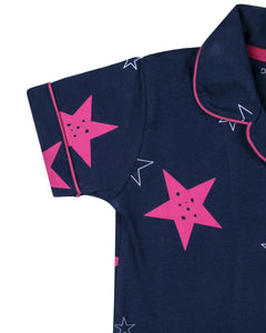 Girls Classic Star Printed Navy Blue Night Suit