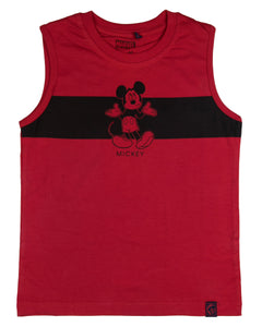 Boys Mickey Printed Red Sleeve Less T Shirt