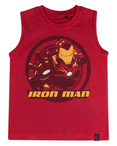 Boys Iron Man Printed Red Sleeve Less T Shirt