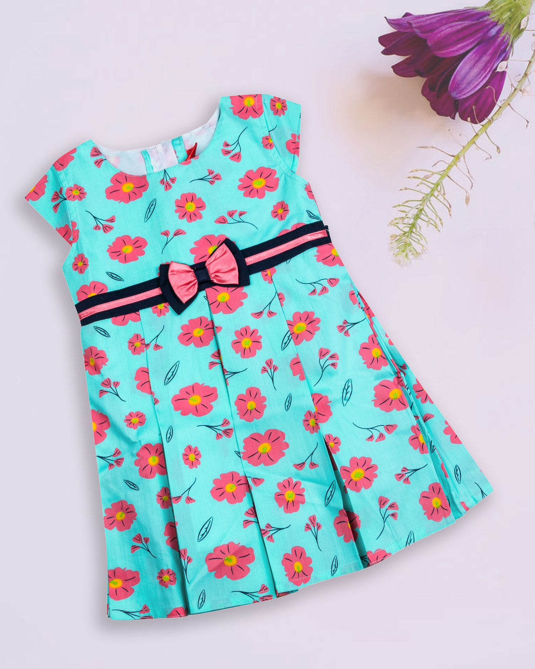 Flower Printed Blue Cotton Frock