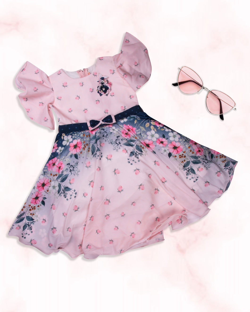 Girls Floral Printed Pink Frock With Flared Sleeve