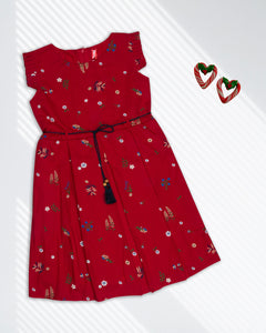 Girls Floral Printed Red Cotton Frock