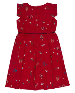 Girls Floral Printed Red Cotton Frock
