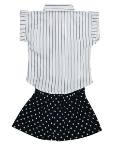 White Striped Top With Black Shorts