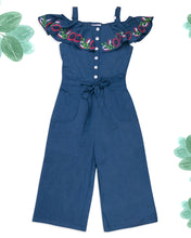 Load image into Gallery viewer, Girls Full Floral Embroidered Blue Jumpsuit
