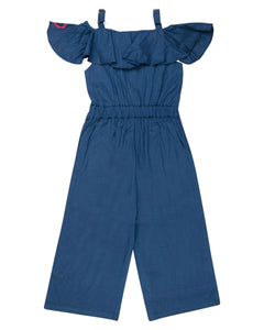 Girls Full Floral Embroidered Blue Jumpsuit