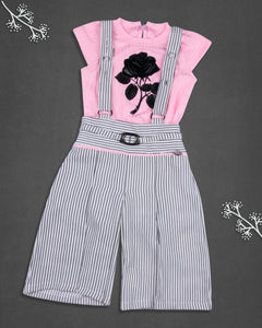 Girls Printed Pink and White Half Dungree Suit