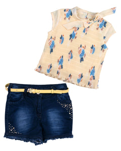 Girls Printed Top With Denim Short Two Piece Set