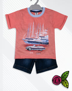 Boys Printed T Shirt With Blue Denim Shorts Baba Suit