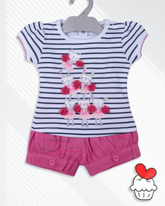 White Striped Printed Top With Pink Short