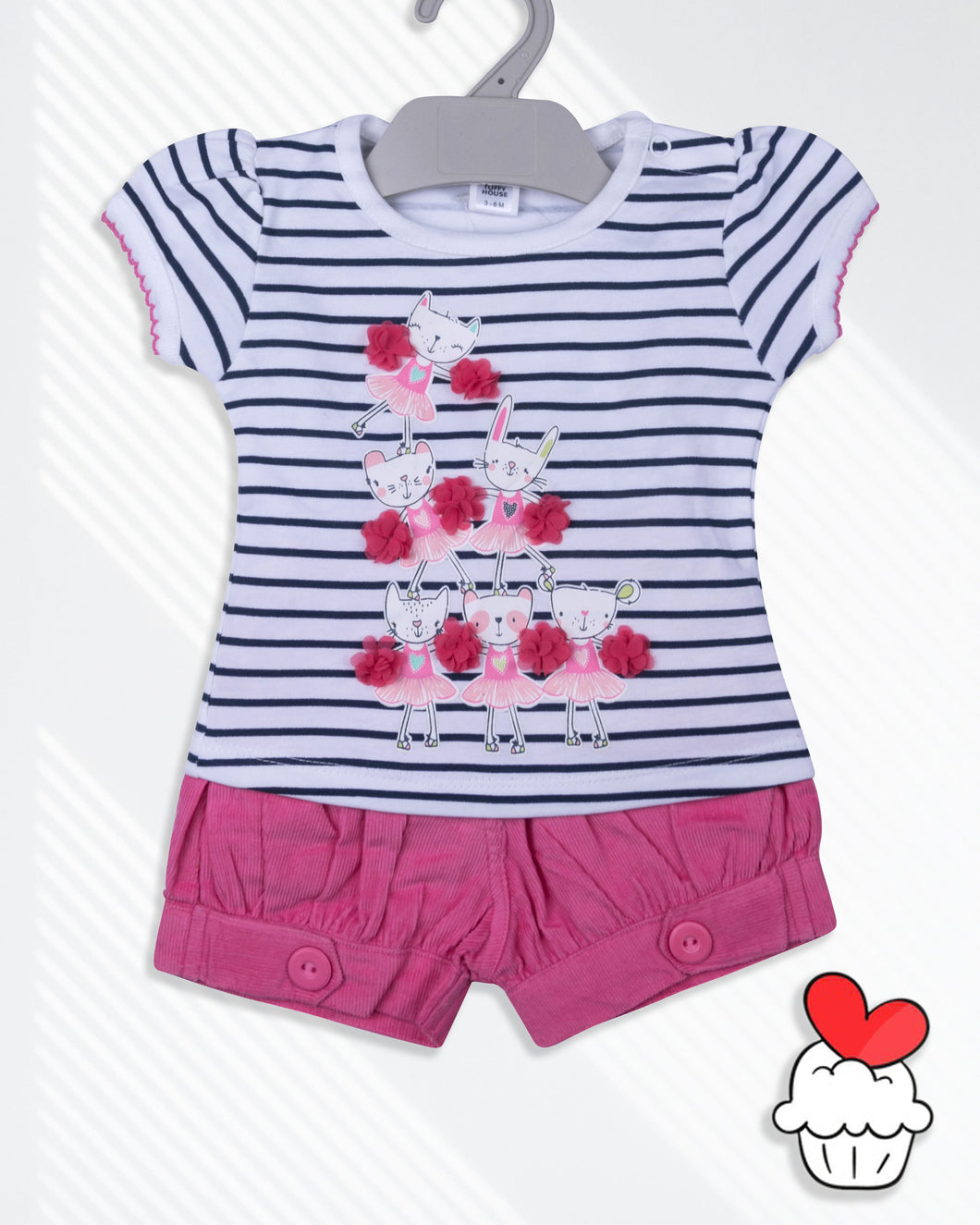 White Striped Printed Top With Pink Short