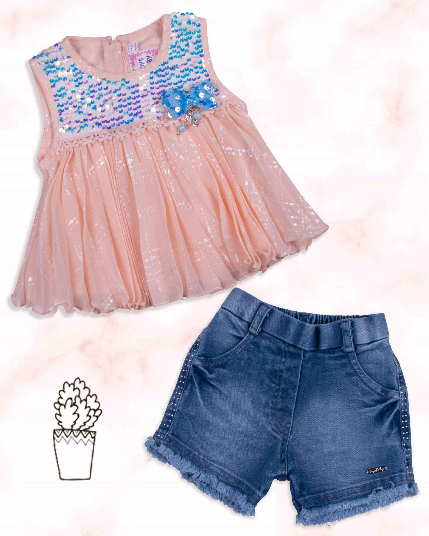 Girls Sequins Top with Denim Shorts Two Piece Set