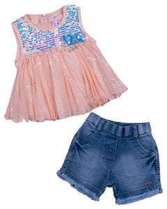 Girls Sequins Top with Denim Shorts Two Piece Set