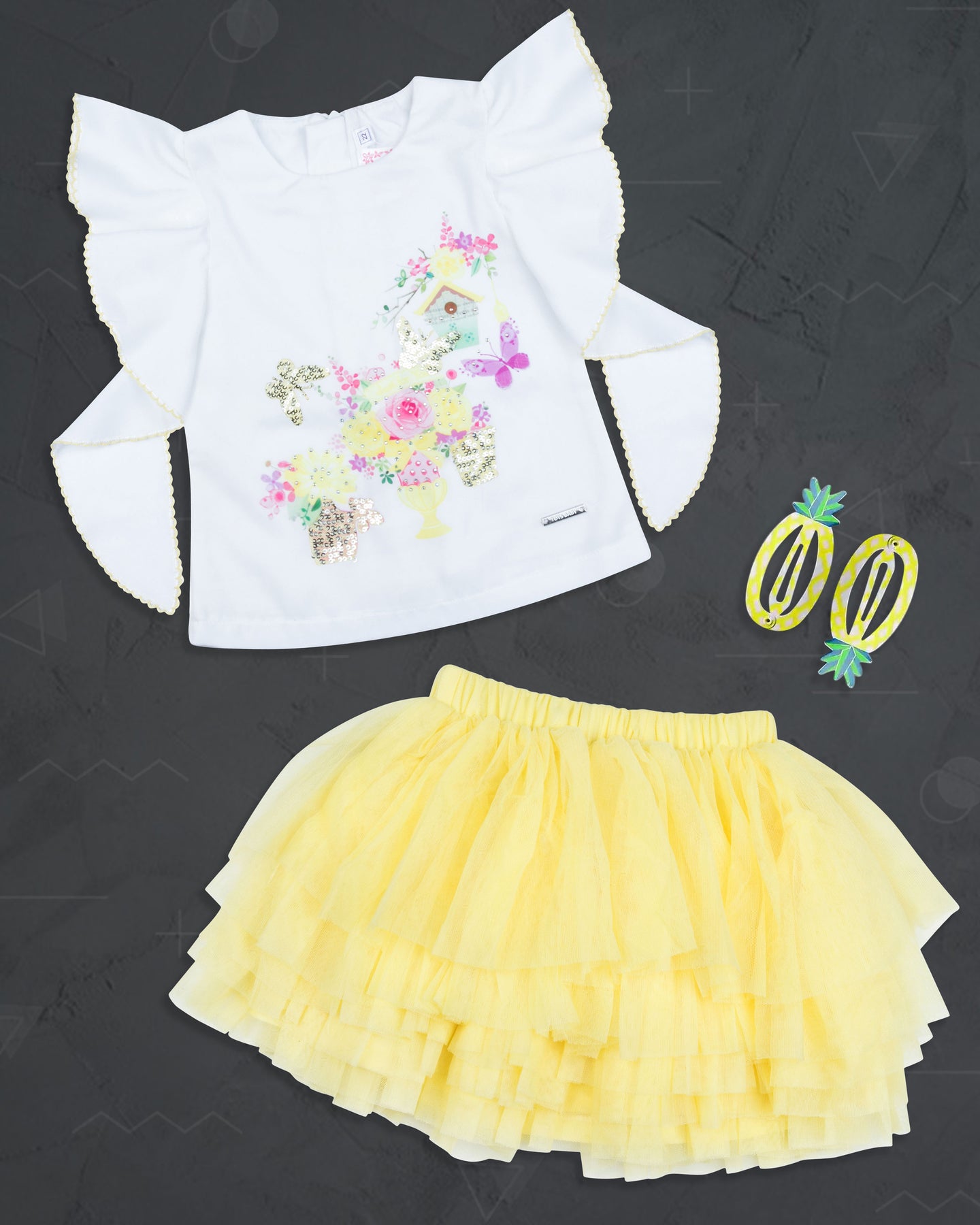 White and Yellow Flared Skirt Top