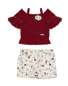 Maroon Top With Printed Cream Shorts