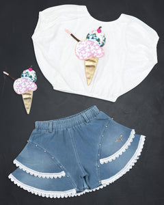 White And Blue Denim Top With Shorts