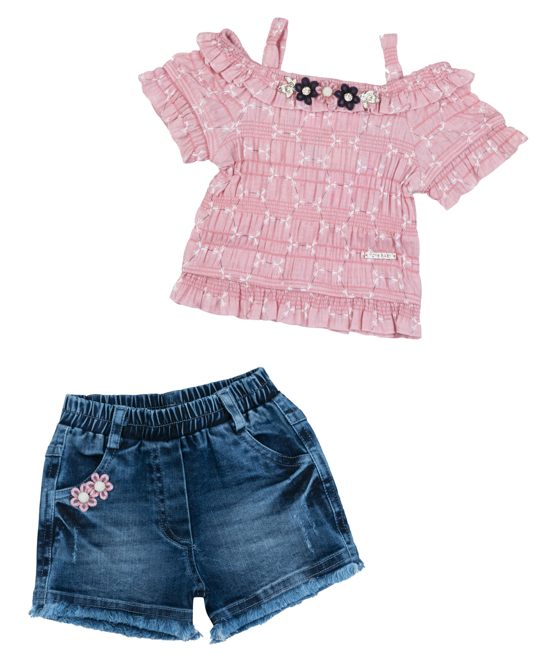 Pink and Blue Denim Top With Shorts Two Piece Set