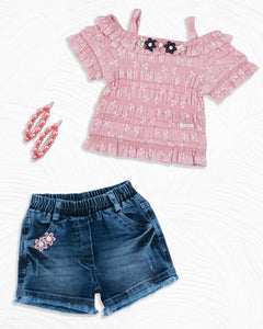 Pink and Blue Denim Top With Shorts Two Piece Set
