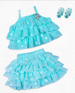 Girls Light Blue Frilly Top With Layered Skirt