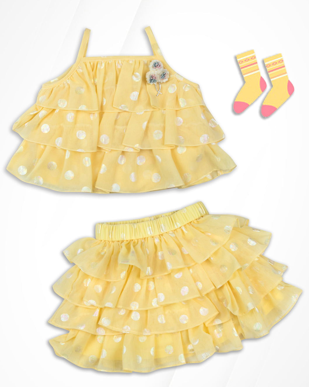 Girls  Yellow Frilly Top With Layered Skirt