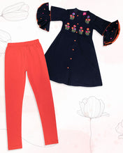 Load image into Gallery viewer, Girls Embroidered Navy Blue Kurti Set With Frill Sleeve
