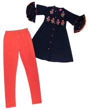 Load image into Gallery viewer, Girls Embroidered Navy Blue Kurti Set With Frill Sleeve

