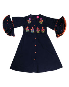 Girls Embroidered Navy Blue Kurti Set With Frill Sleeve